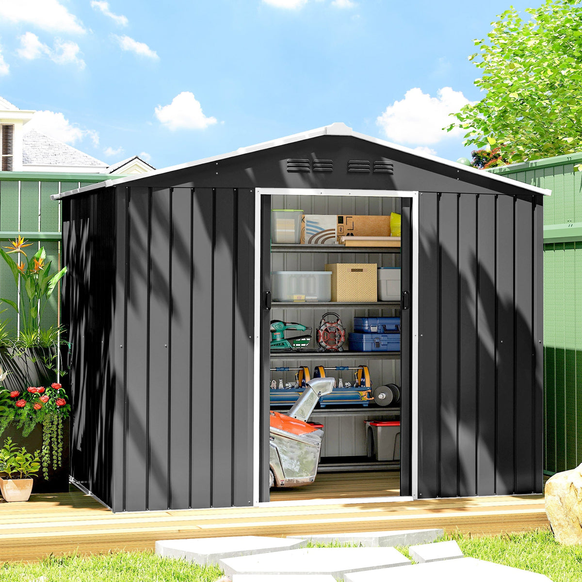 Outsunny 8 x 6ft Galvanised Steel Shed, with Double Door - Dark Grey - SGP Garden Ltd