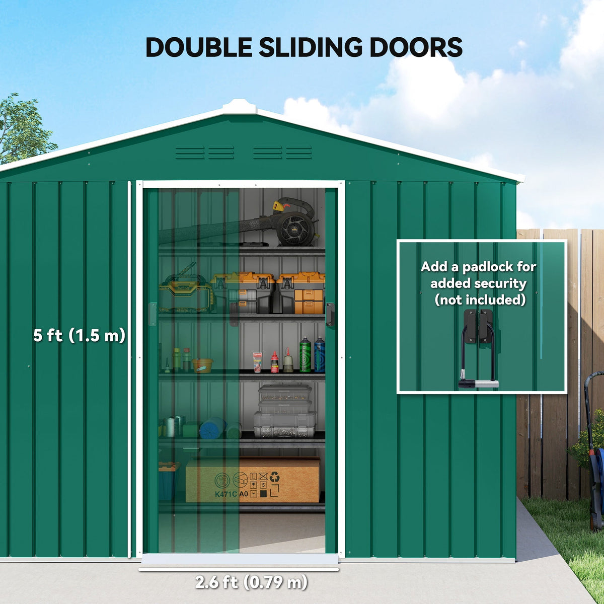 Outsunny 8 x 6ft Galvanised Steel Shed, with Double Door - Green - SGP Garden Ltd