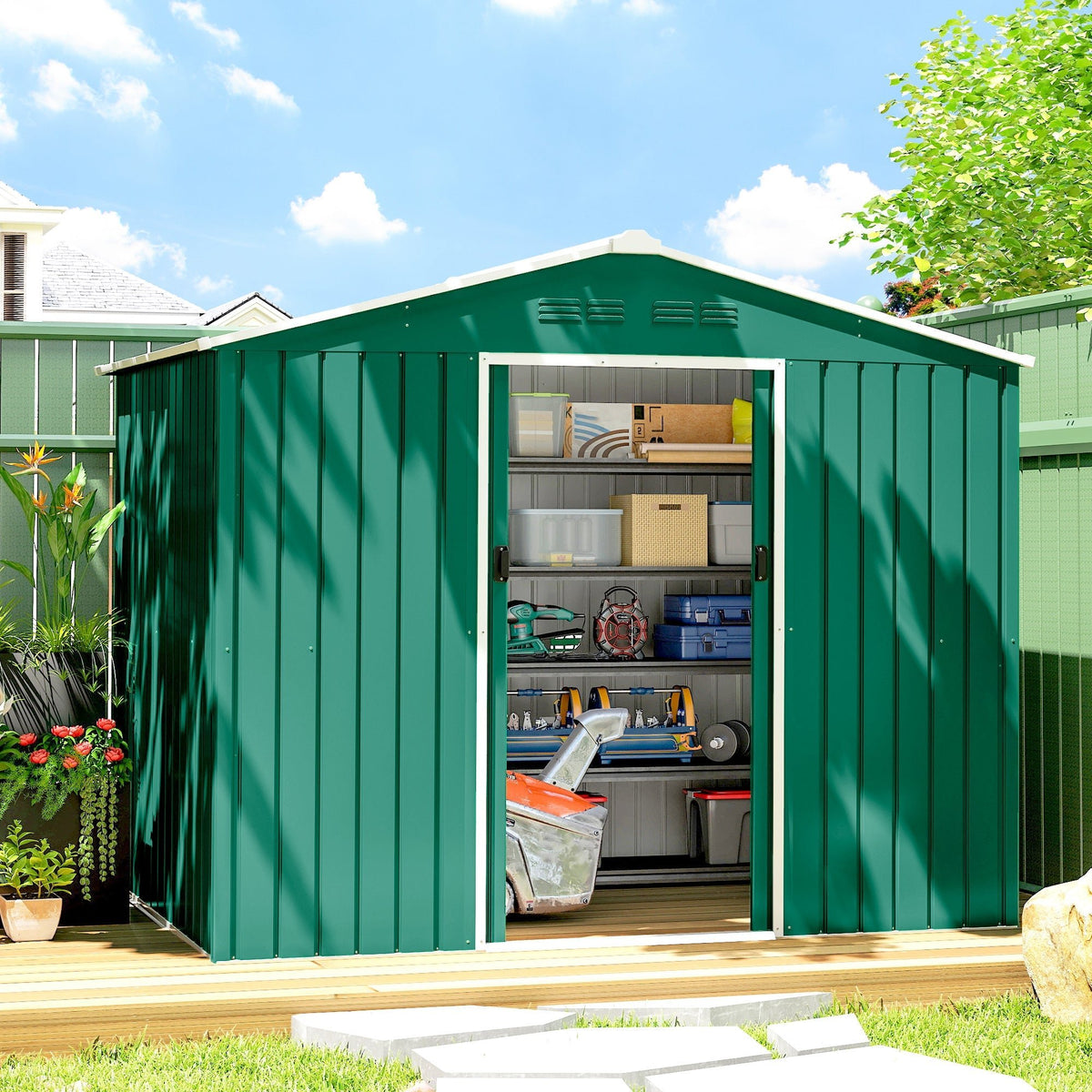 Outsunny 8 x 6ft Galvanised Steel Shed, with Double Door - Green - SGP Garden Ltd