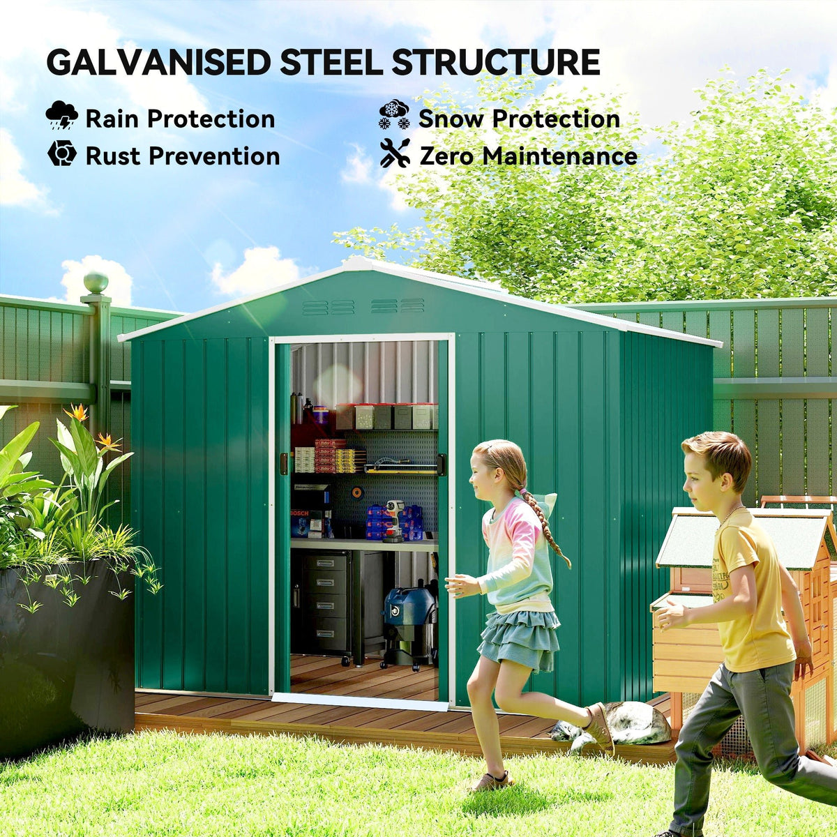 Outsunny 8 x 6ft Galvanised Steel Shed, with Double Door - Green - SGP Garden Ltd