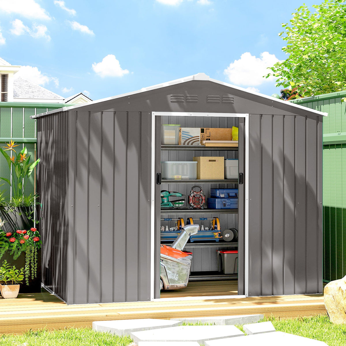 Outsunny 8 x 6ft Galvanised Steel Shed, with Double Door - Light Grey - SGP Garden Ltd