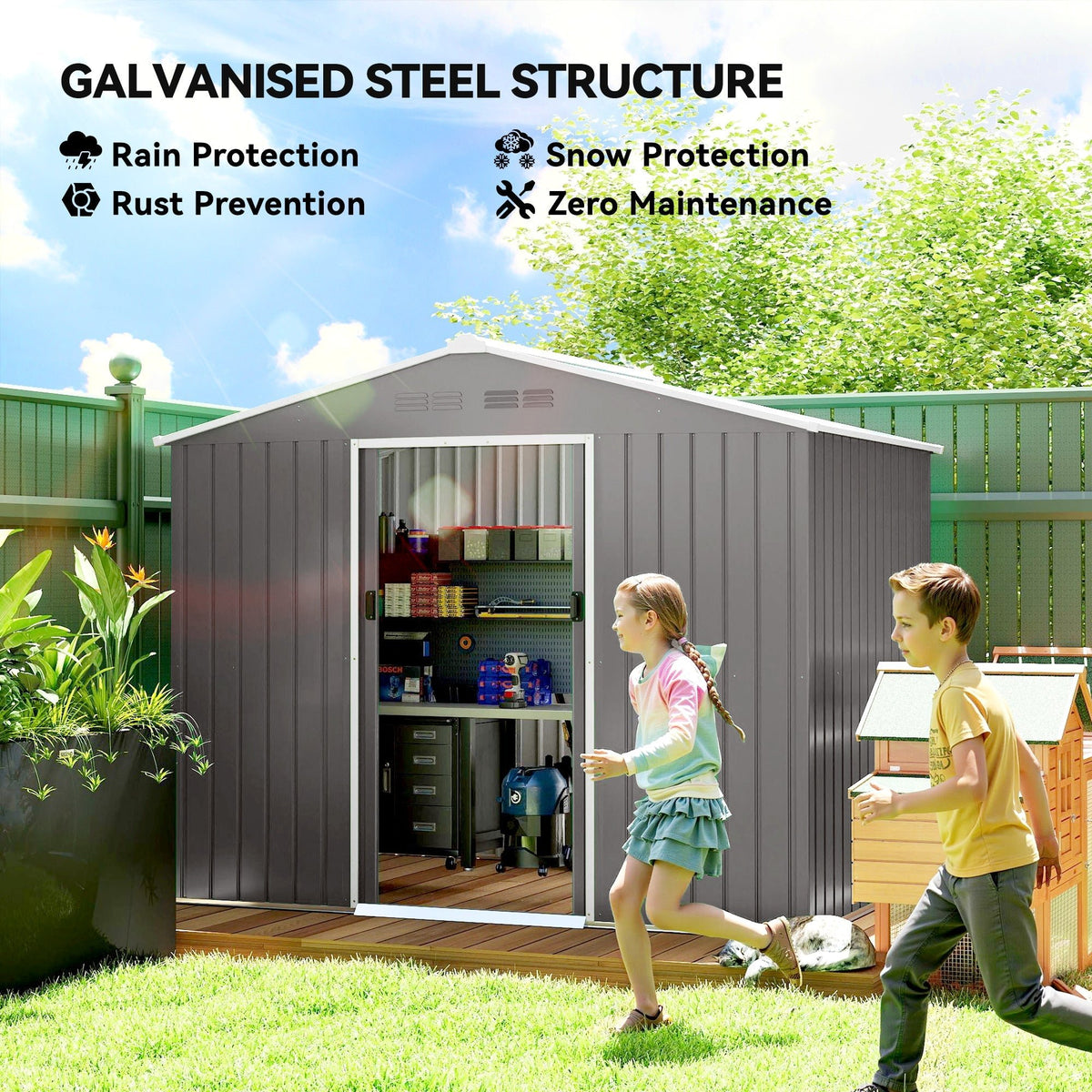 Outsunny 8 x 6ft Galvanised Steel Shed, with Double Door - Light Grey - SGP Garden Ltd