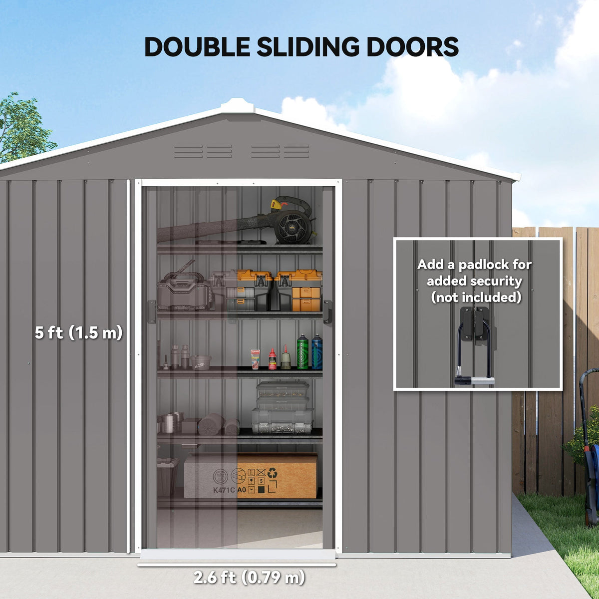 Outsunny 8 x 6ft Galvanised Steel Shed, with Double Door - Light Grey - SGP Garden Ltd