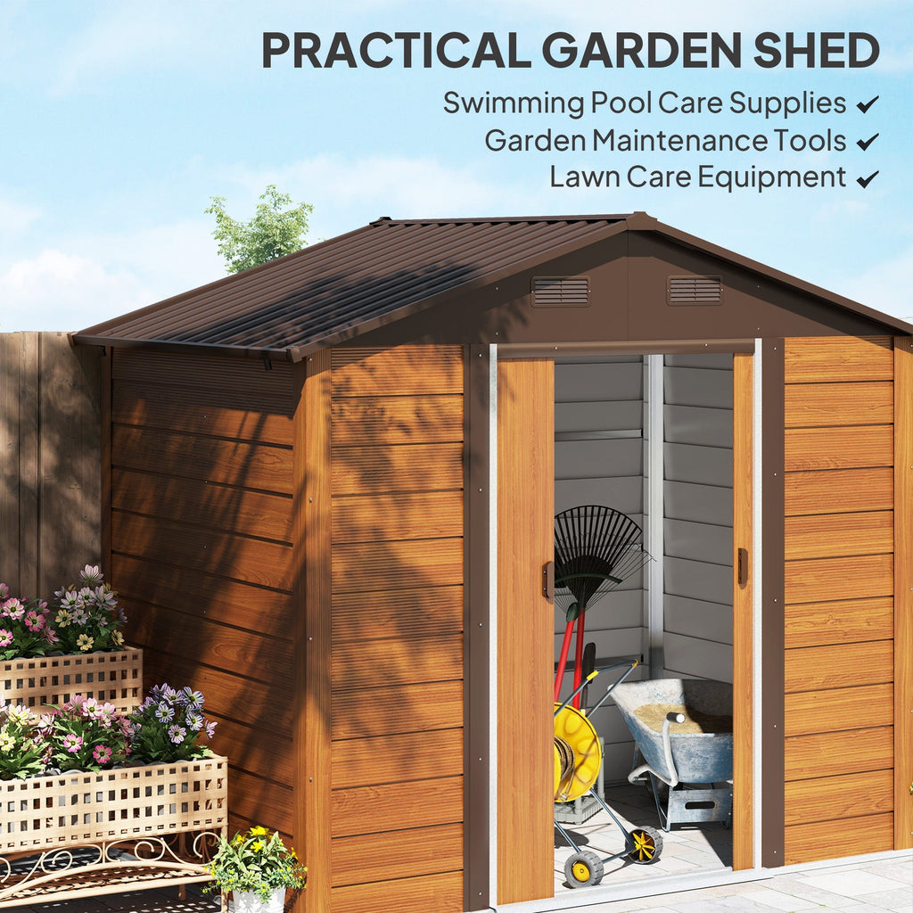 Outsunny 8 x 6ft Garden Storage Shed with Sliding Door - Brown Wood Effect - SGP Garden Ltd