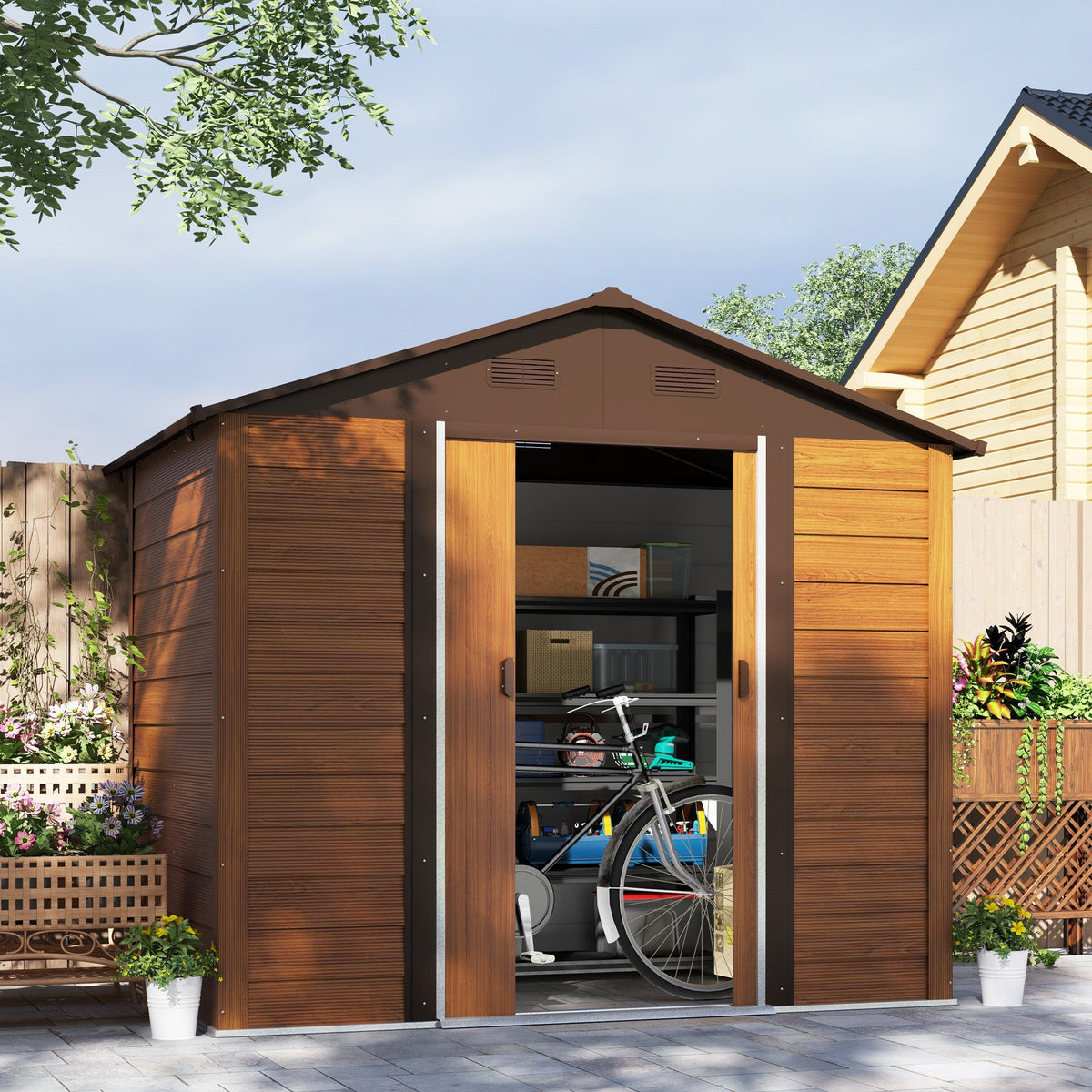 Outsunny 8 x 6ft Garden Storage Shed with Sliding Door - Brown Wood Effect - SGP Garden Ltd