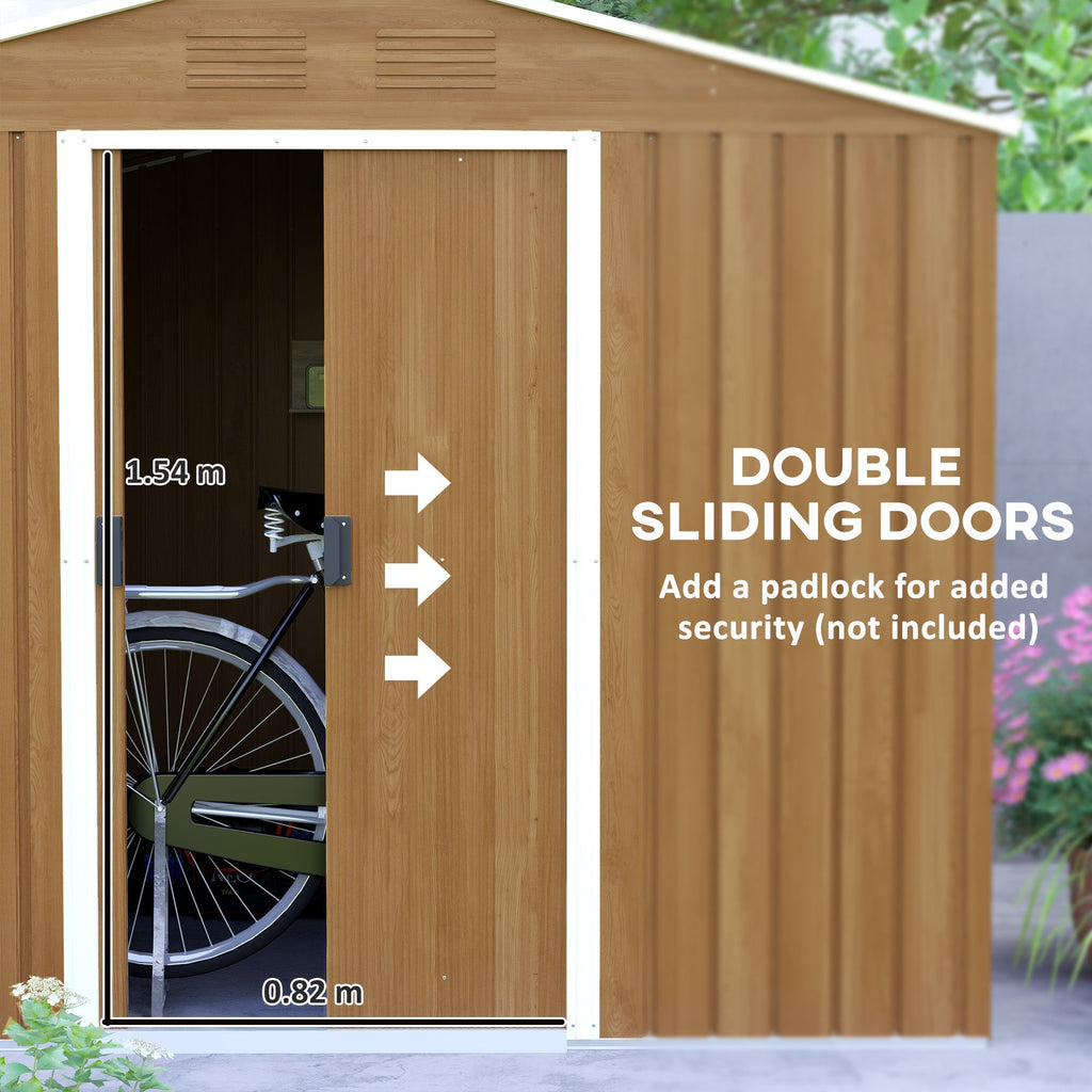 Outsunny 8 x 6ft Outdoor Garden Storage Shed, Metal Tool House with Ventilation and Sliding Doors Chocolate Wood Effect - SGP Garden Ltd