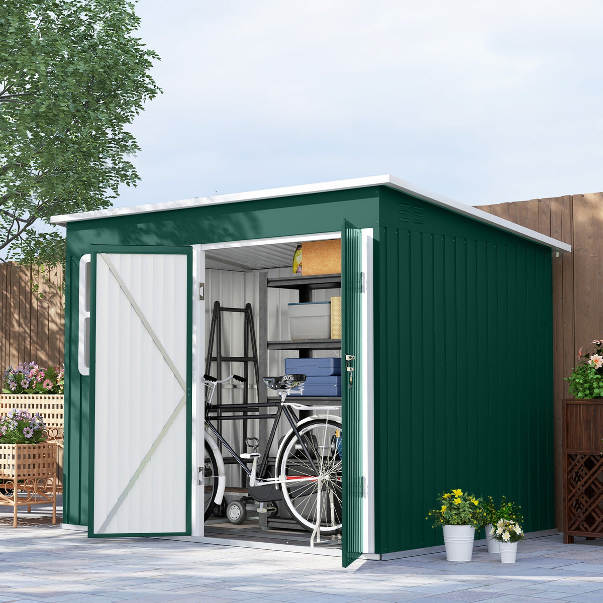 Outsunny 8.5 x 6ft Storage Shed Galvanised Steel Garden Shed, Metal Shed with Foundation Kit, Window, Lockable Wide Doors and Air Vents for Outdoor Patio, Green - SGP Garden Ltd
