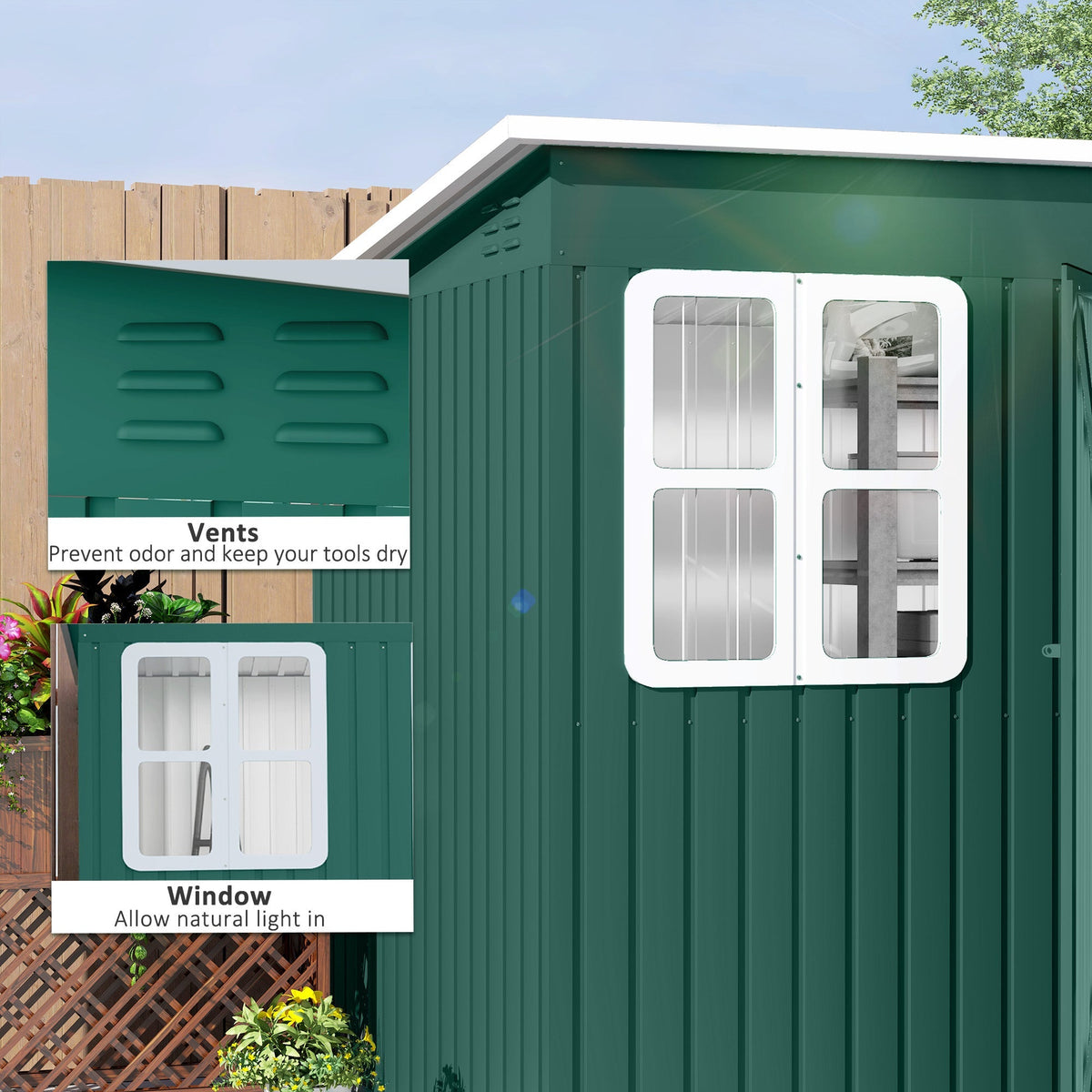 Outsunny 8.5 x 6ft Storage Shed Galvanised Steel Garden Shed, Metal Shed with Foundation Kit, Window, Lockable Wide Doors and Air Vents for Outdoor Patio, Green - SGP Garden Ltd