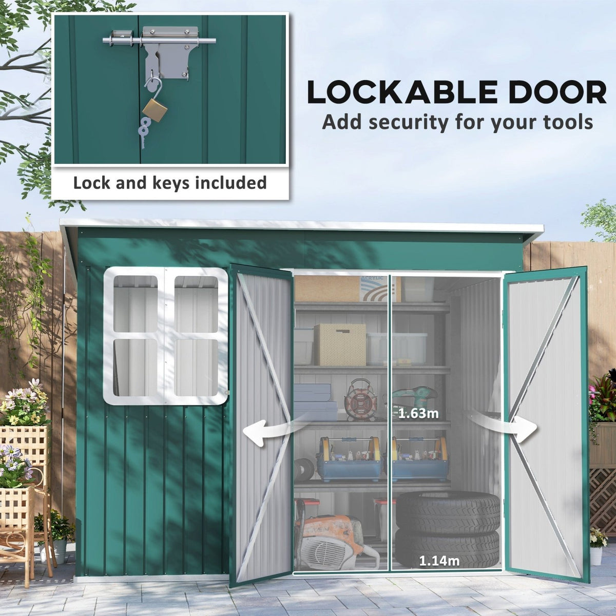 Outsunny 8.5 x 6ft Storage Shed Galvanised Steel Garden Shed, Metal Shed with Foundation Kit, Window, Lockable Wide Doors and Air Vents for Outdoor Patio, Green - SGP Garden Ltd