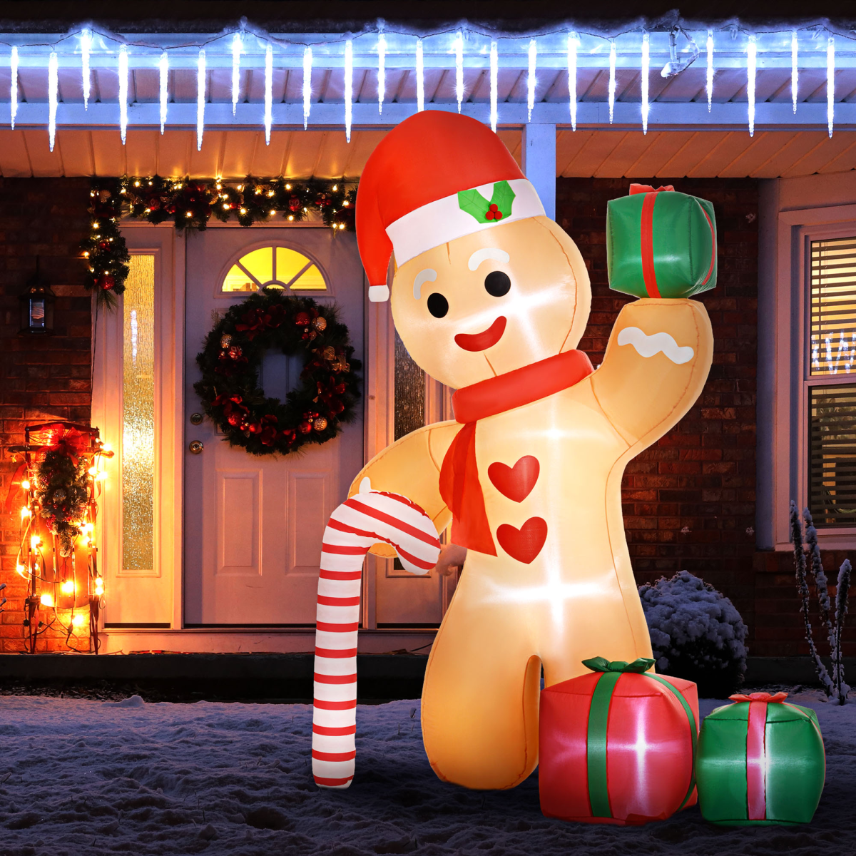 Outsunny 8FT Christmas Blow Up Gingerbread Man with Candy Cane for Party - SGP Garden Ltd