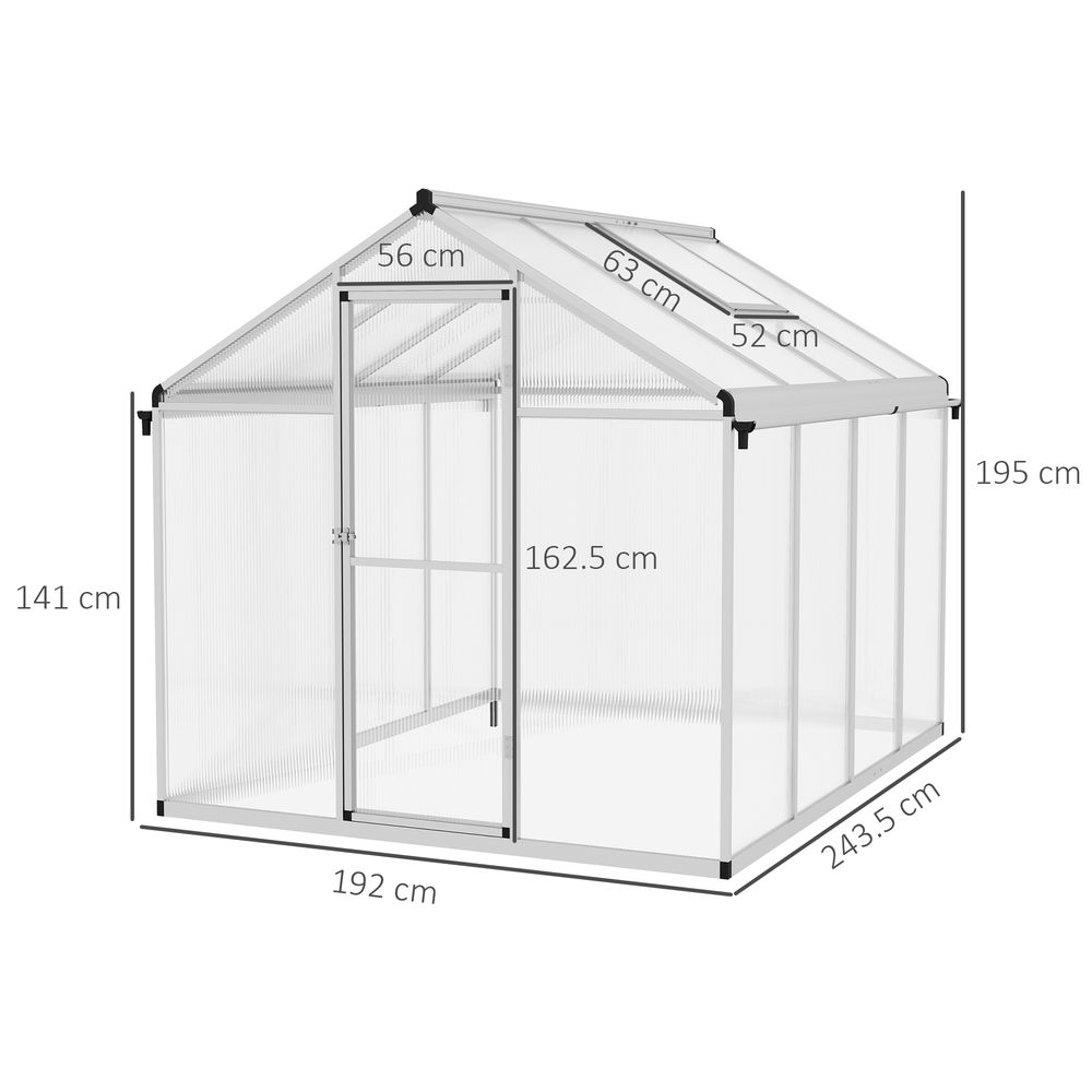 Outsunny 8x6ft Aluminium Greenhouse: Door Window Galvanised Base PC Panel - SGP Garden Ltd