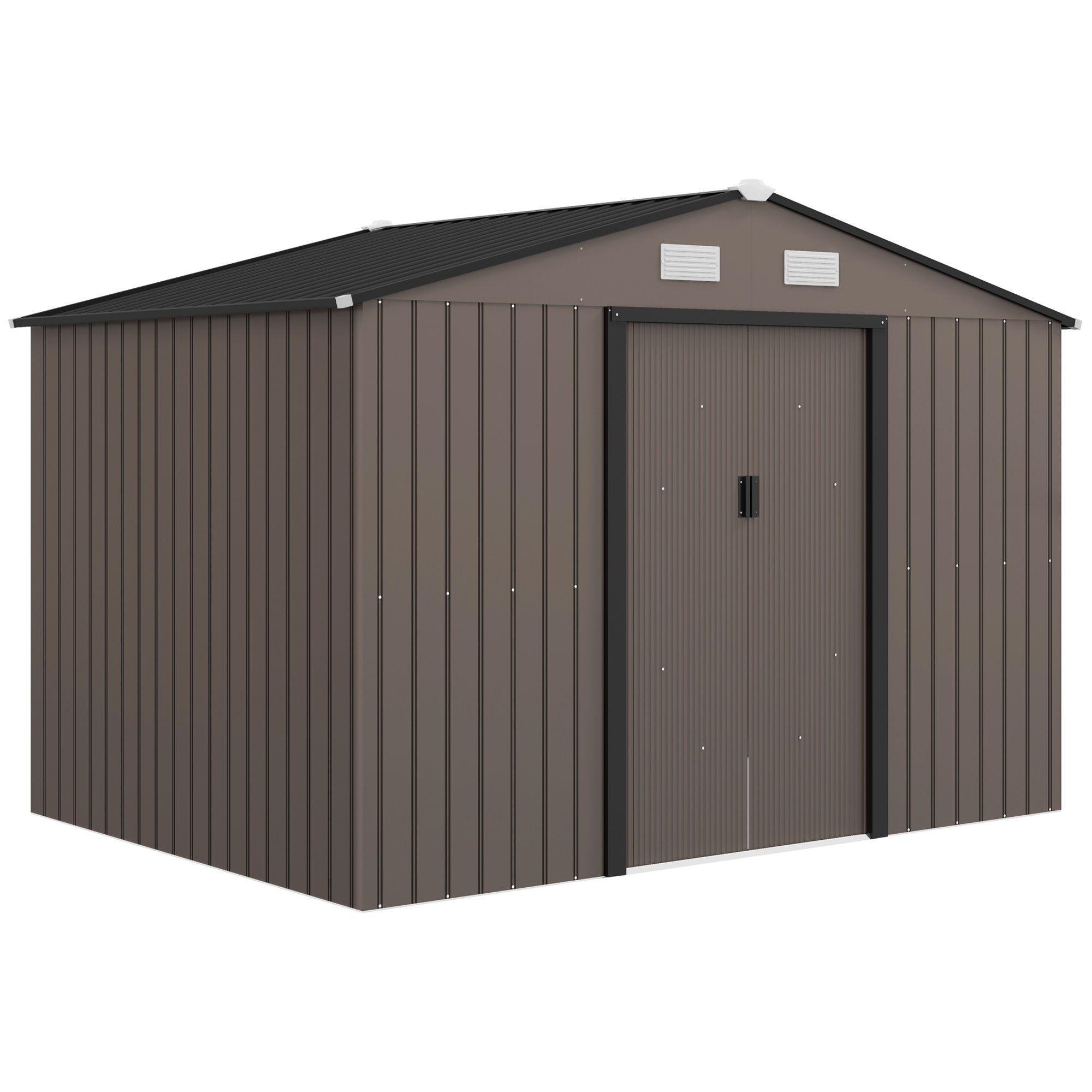 Outsunny 9 x 6ft Metal Garden Shed, Outdoor Storage Tool House with Ventilation Slots, Foundation Kit and Lockable Double Doors, Brown - SGP Garden Ltd
