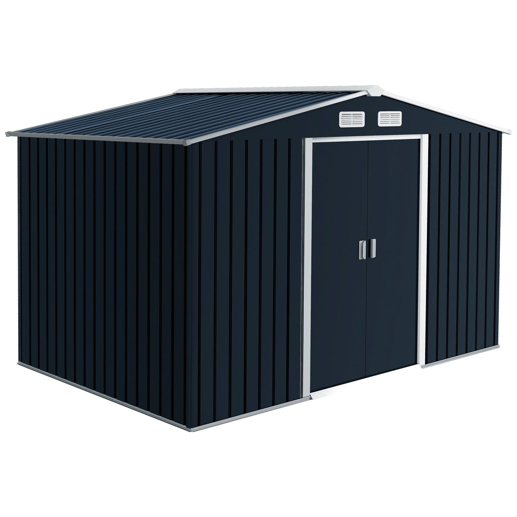 Outsunny 9 x 6ft Metal Garden Shed, Outdoor Storage Tool House with Ventilation Slots, Foundation Kit and Lockable Double Doors, Dark Grey - SGP Garden Ltd