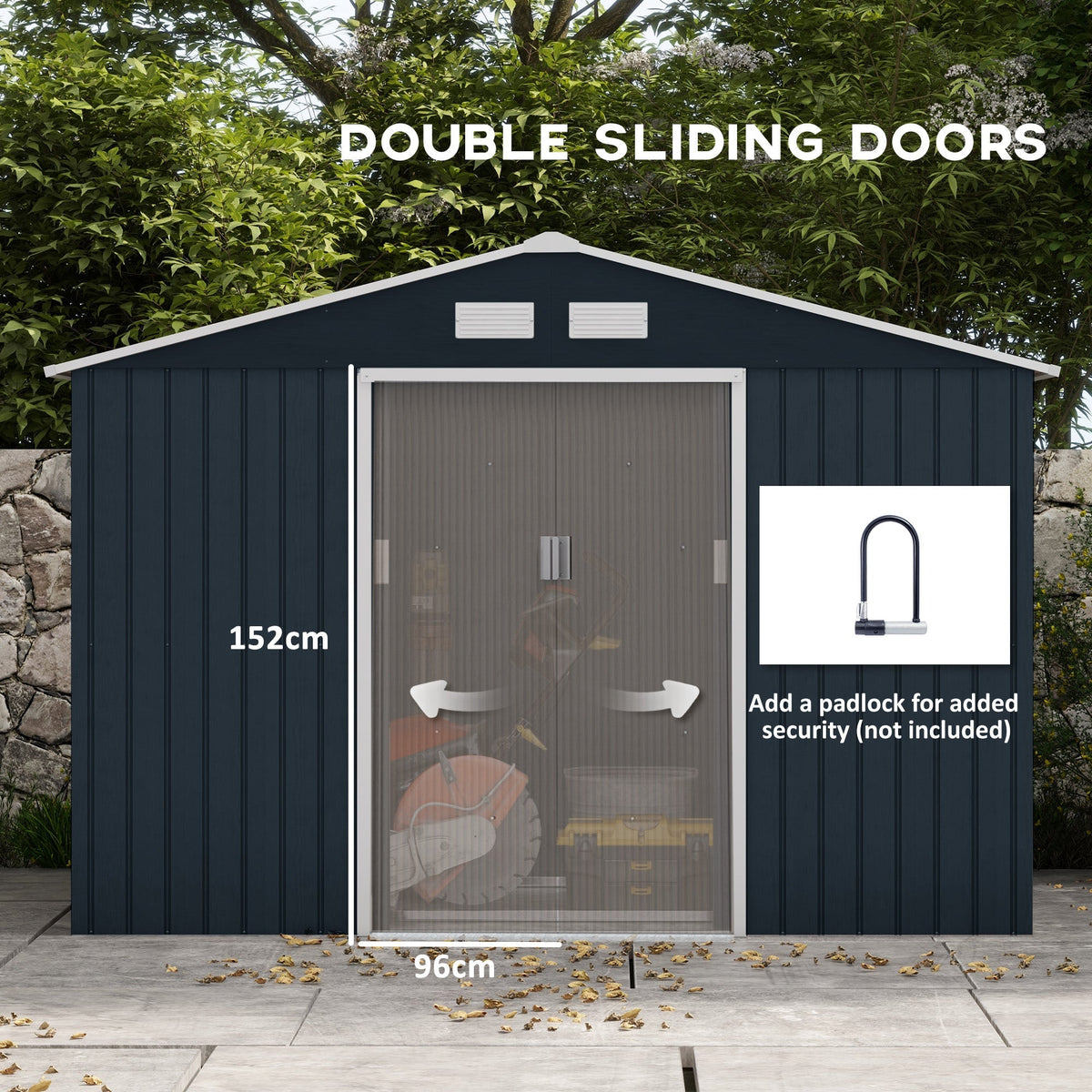 Outsunny 9 x 6ft Metal Garden Shed, Outdoor Storage Tool House with Ventilation Slots, Foundation Kit and Lockable Double Doors, Dark Grey - SGP Garden Ltd