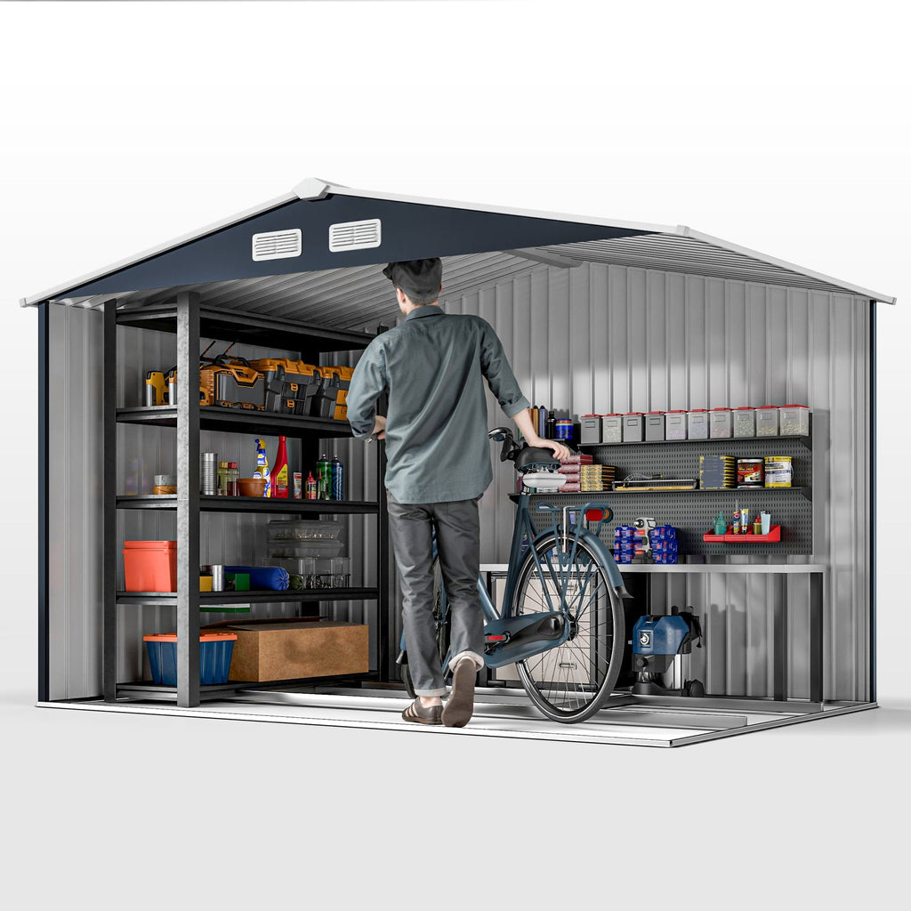 Outsunny 9 x 6ft Metal Garden Shed, Outdoor Storage Tool House with Ventilation Slots, Foundation Kit and Lockable Double Doors, Dark Grey - SGP Garden Ltd
