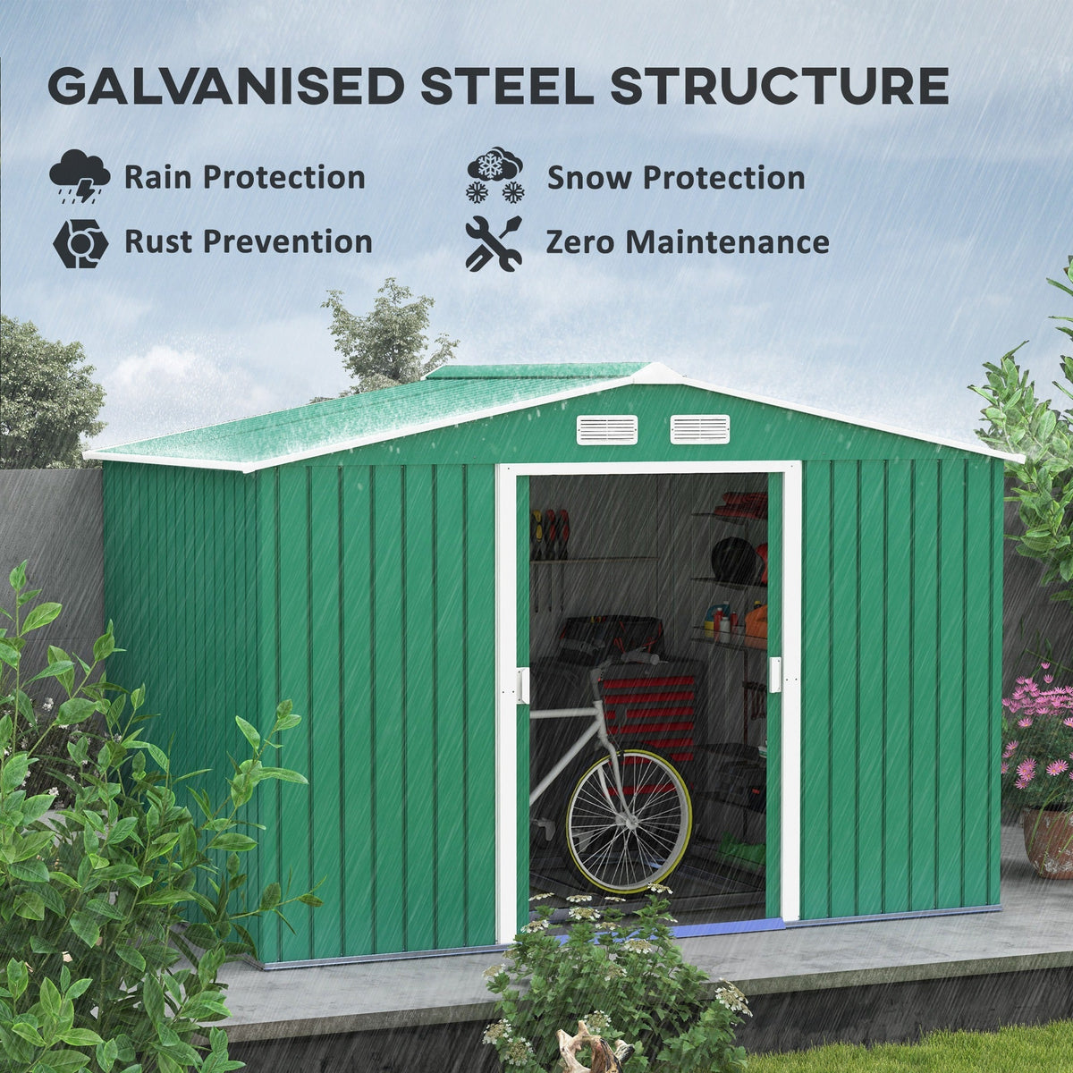 Outsunny 9 x 6ft Metal Garden Shed, Outdoor Storage Tool House with Ventilation Slots, Foundation Kit and Lockable Double Doors, Green - SGP Garden Ltd
