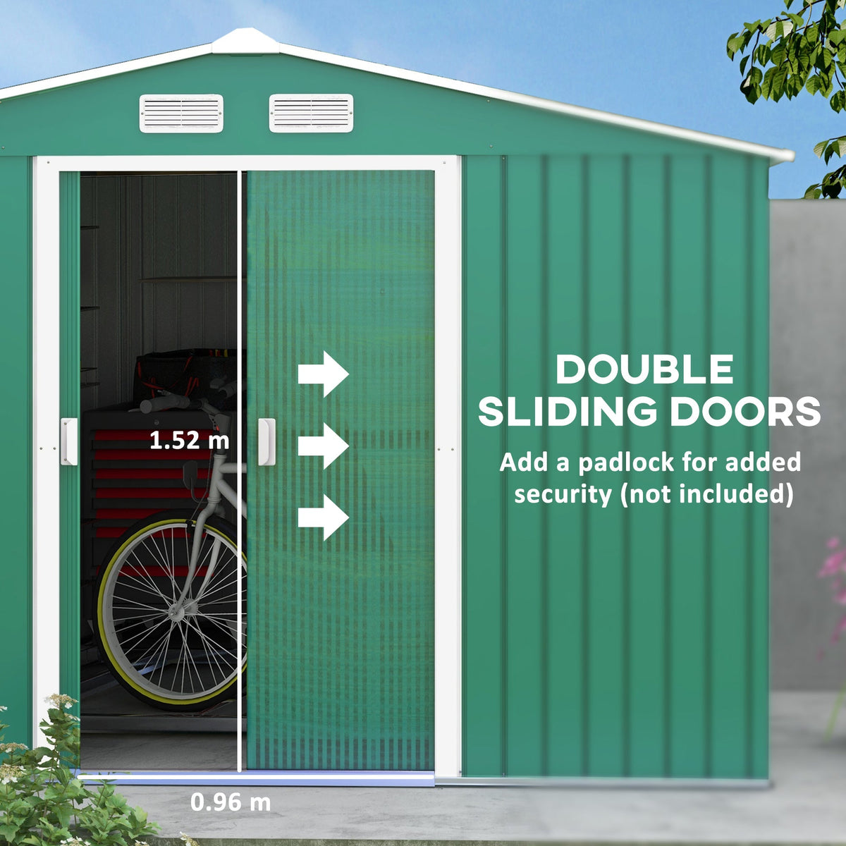 Outsunny 9 x 6ft Metal Garden Shed, Outdoor Storage Tool House with Ventilation Slots, Foundation Kit and Lockable Double Doors, Green - SGP Garden Ltd