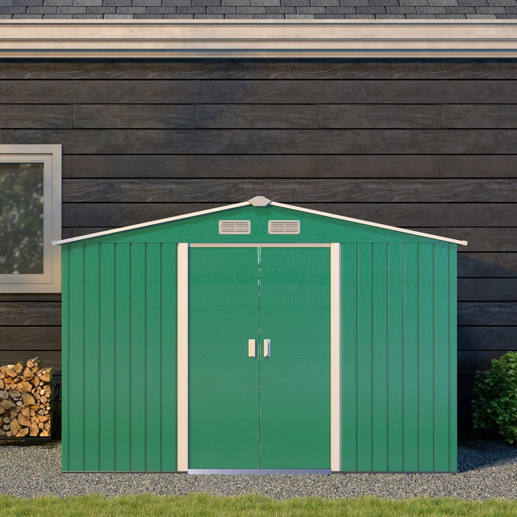 Outsunny 9 x 6ft Metal Garden Shed, Outdoor Storage Tool House with Ventilation Slots, Foundation Kit and Lockable Double Doors, Green - SGP Garden Ltd