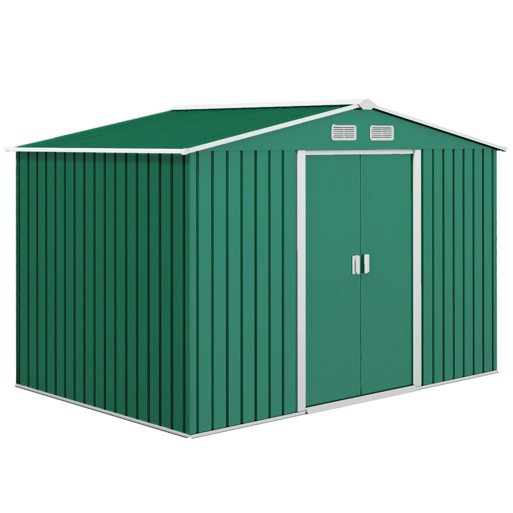Outsunny 9 x 6ft Metal Garden Shed, Outdoor Storage Tool House with Ventilation Slots, Foundation Kit and Lockable Double Doors, Green - SGP Garden Ltd