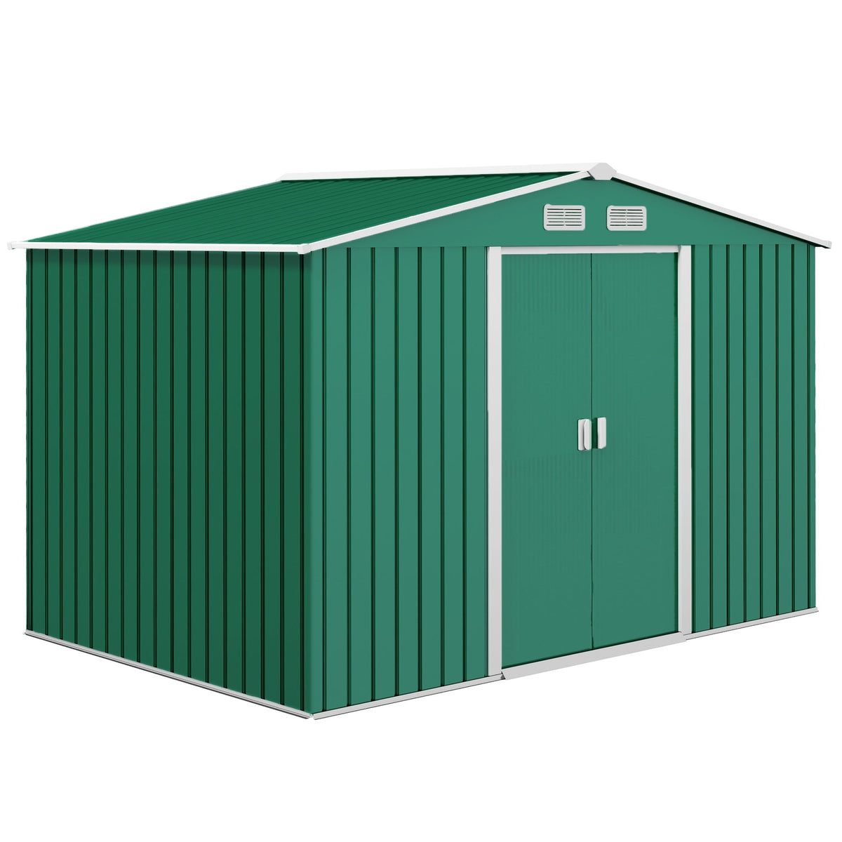 Outsunny 9 x 6ft Metal Garden Shed, Outdoor Storage Tool House with Ventilation Slots, Foundation Kit and Lockable Double Doors, Green - SGP Garden Ltd