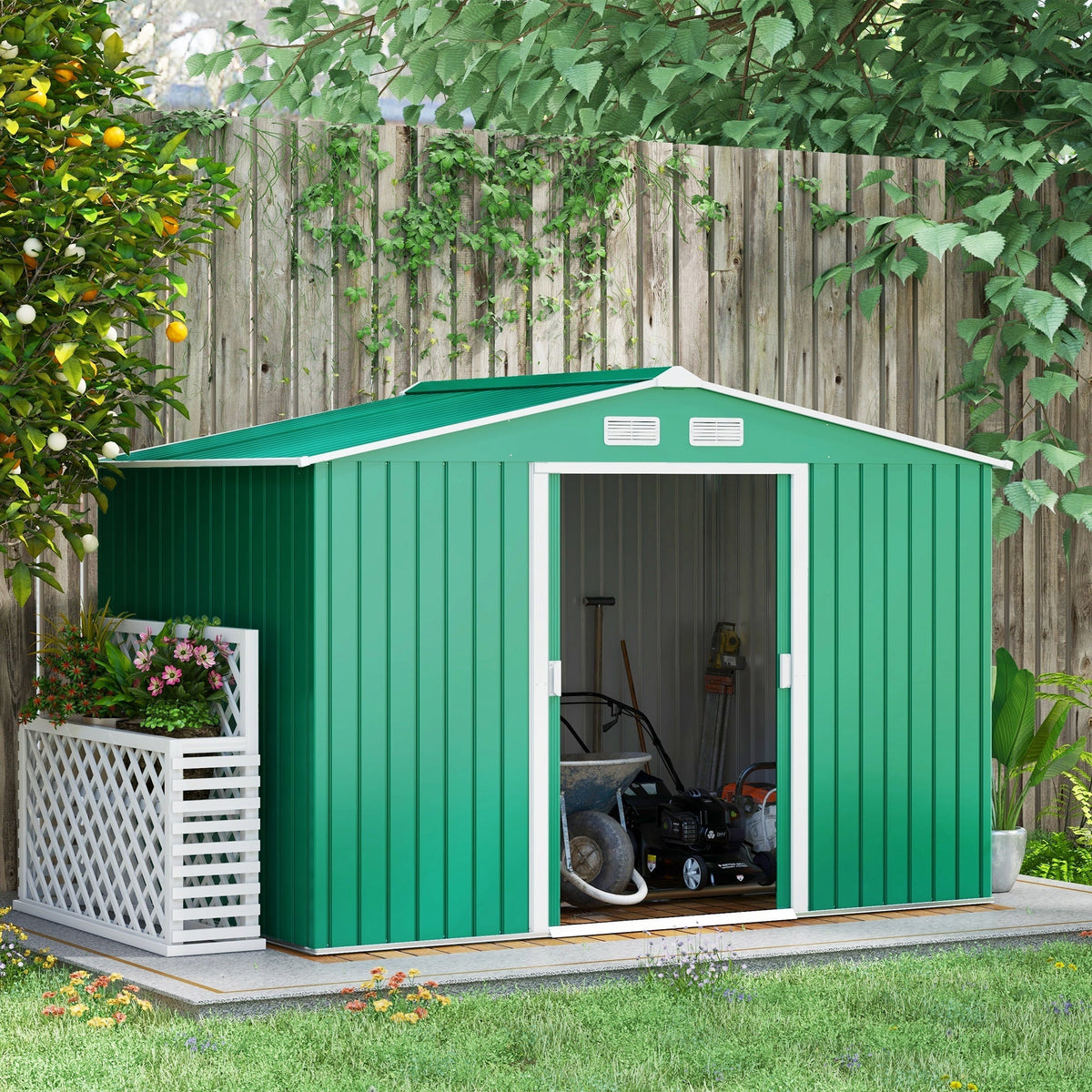 Outsunny 9 x 6ft Metal Garden Shed, Outdoor Storage Tool House with Ventilation Slots, Foundation Kit and Lockable Double Doors, Green - SGP Garden Ltd
