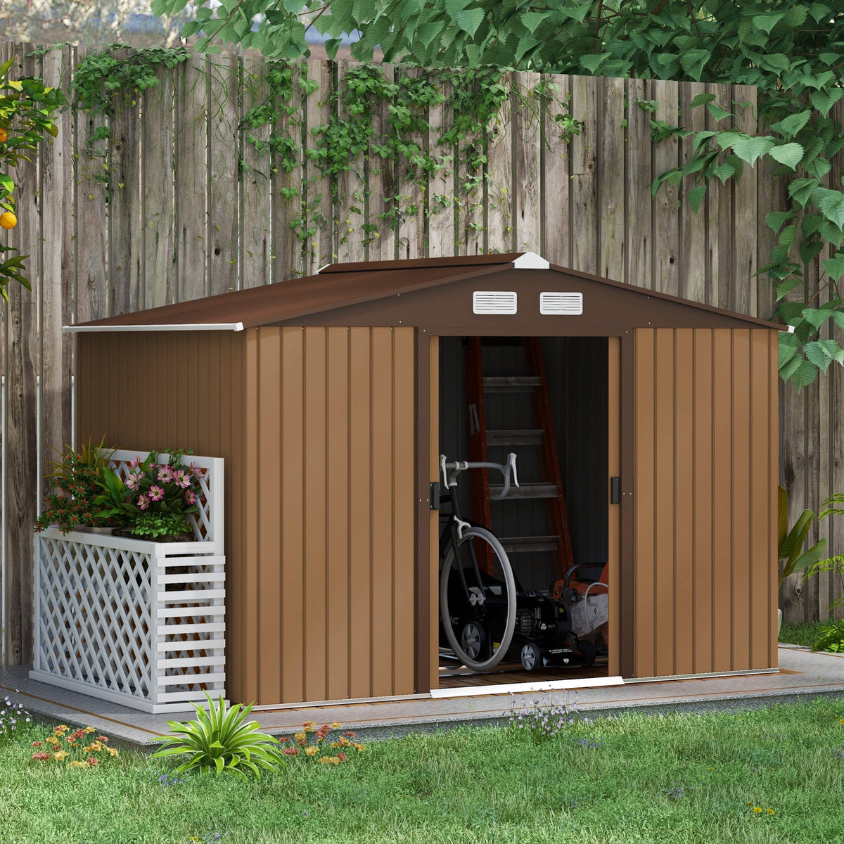 Outsunny 9 x 6ft Metal Garden Shed, Outdoor Storage Tool House with Ventilation Slots, Foundation Kit and Lockable Double Doors, Light Brown - SGP Garden Ltd