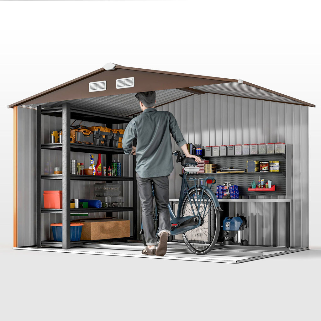 Outsunny 9 x 6ft Metal Garden Shed, Outdoor Storage Tool House with Ventilation Slots, Foundation Kit and Lockable Double Doors, Light Brown - SGP Garden Ltd