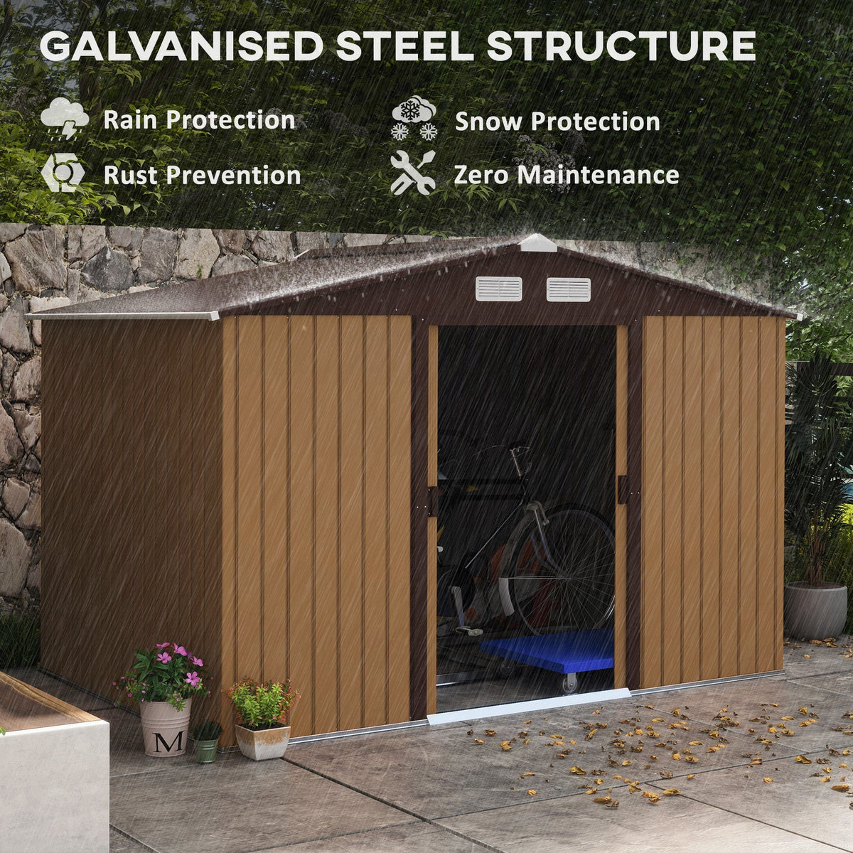 Outsunny 9 x 6ft Metal Garden Shed, Outdoor Storage Tool House with Ventilation Slots, Foundation Kit and Lockable Double Doors, Light Brown - SGP Garden Ltd