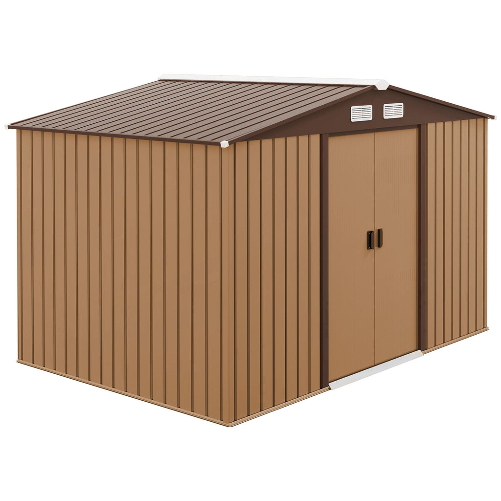 Outsunny 9 x 6ft Metal Garden Shed, Outdoor Storage Tool House with Ventilation Slots, Foundation Kit and Lockable Double Doors, Light Brown - SGP Garden Ltd