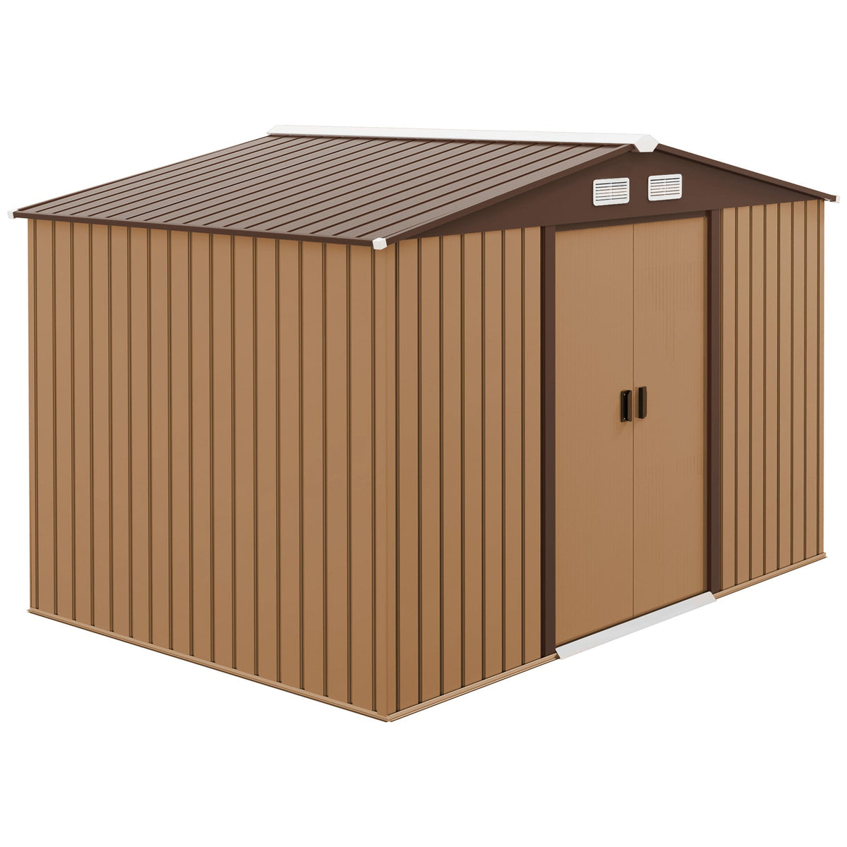Outsunny 9 x 6ft Metal Garden Shed, Outdoor Storage Tool House with Ventilation Slots, Foundation Kit and Lockable Double Doors, Light Brown - SGP Garden Ltd