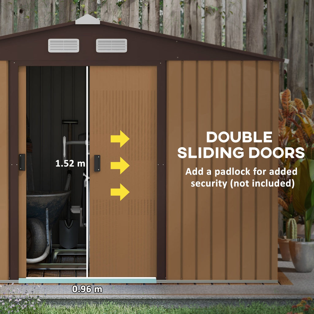 Outsunny 9 x 6ft Metal Garden Shed, Outdoor Storage Tool House with Ventilation Slots, Foundation Kit and Lockable Double Doors, Light Brown - SGP Garden Ltd