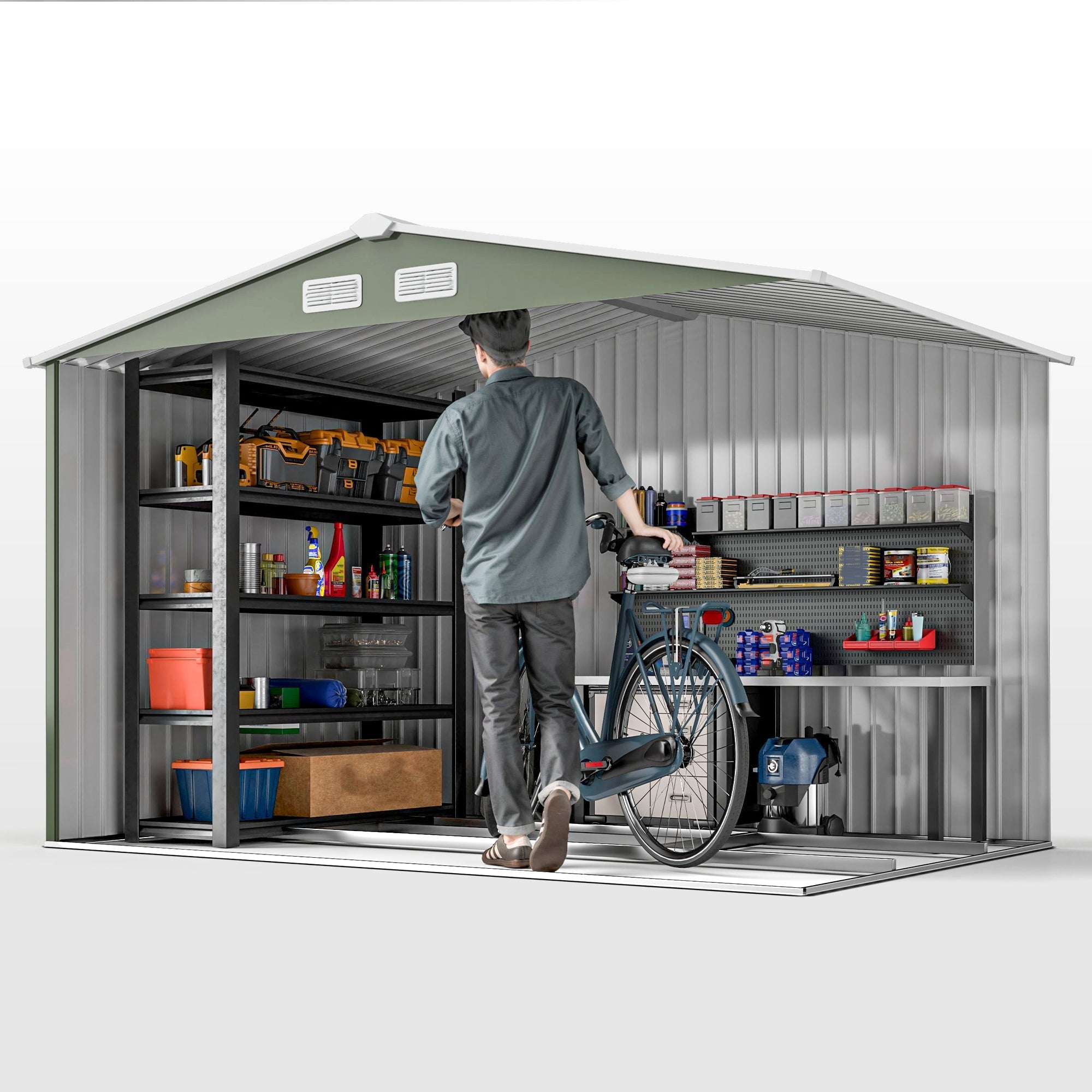 Outsunny 9 x 6ft Metal Garden Shed, Outdoor Storage Tool House with Ventilation Slots, Foundation Kit and Lockable Double Doors, Light Green - SGP Garden Ltd