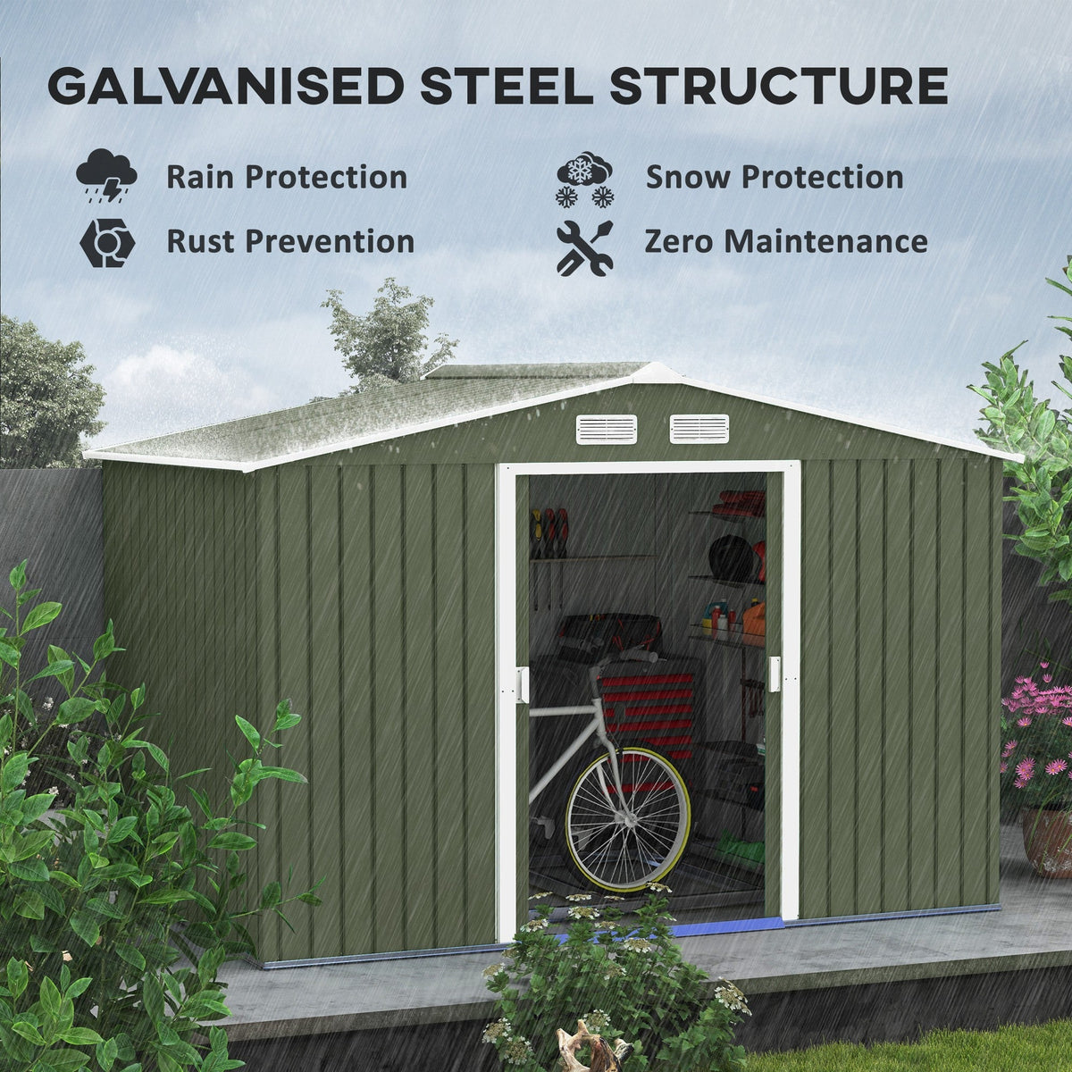 Outsunny 9 x 6ft Metal Garden Shed, Outdoor Storage Tool House with Ventilation Slots, Foundation Kit and Lockable Double Doors, Light Green - SGP Garden Ltd