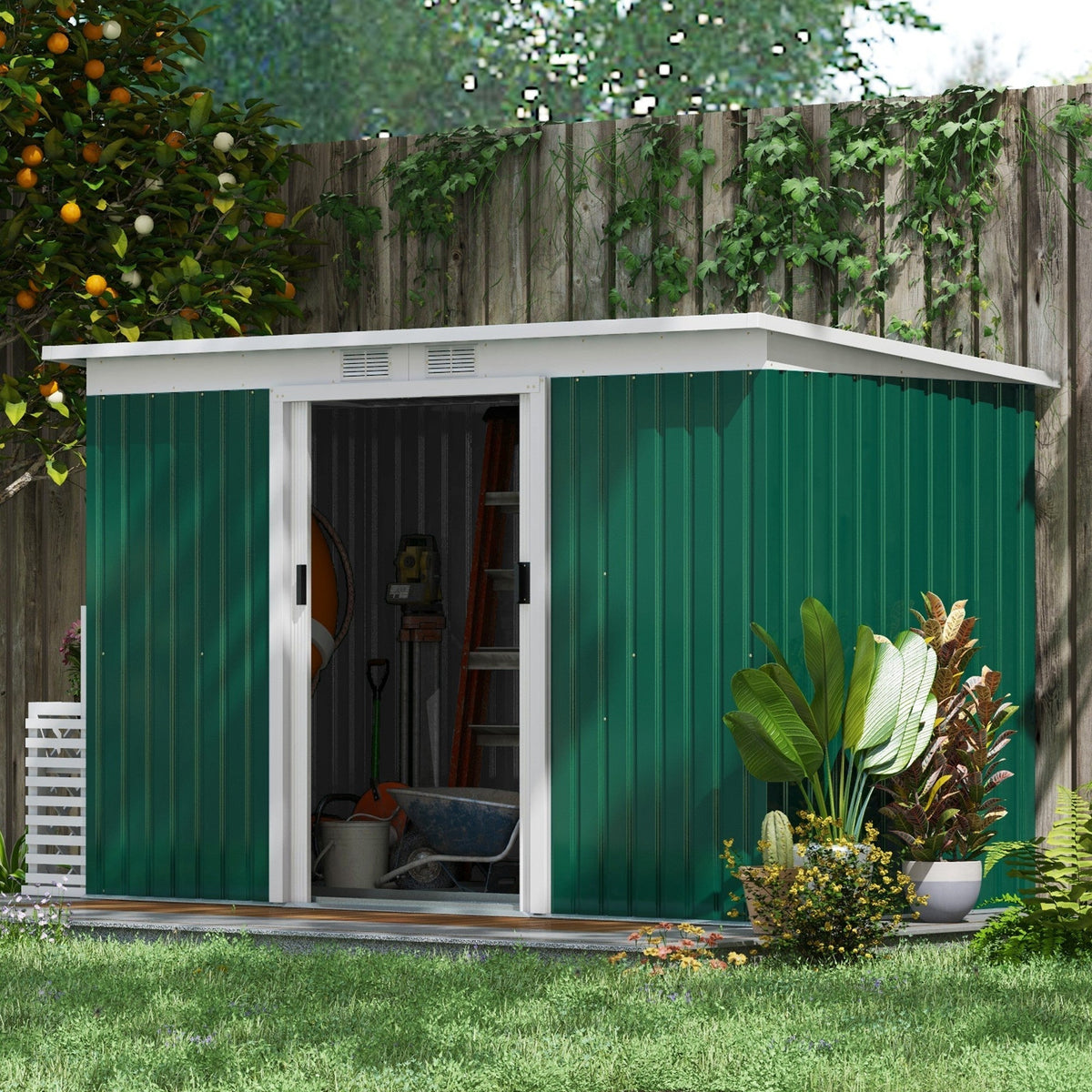 Outsunny 9ft x 4ft Metal Garden Shed, Outdoor Tool House with Foundation Kit, Ventilations and Double Doors, Deep Green - SGP Garden Ltd
