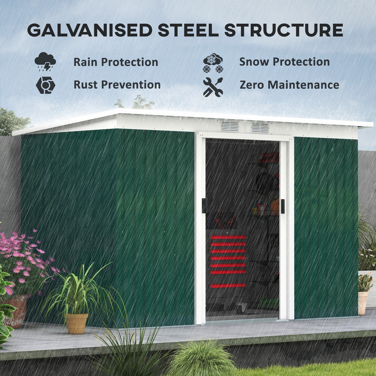 Outsunny 9ft x 4ft Metal Garden Shed, Outdoor Tool House with Foundation Kit, Ventilations and Double Doors, Deep Green - SGP Garden Ltd