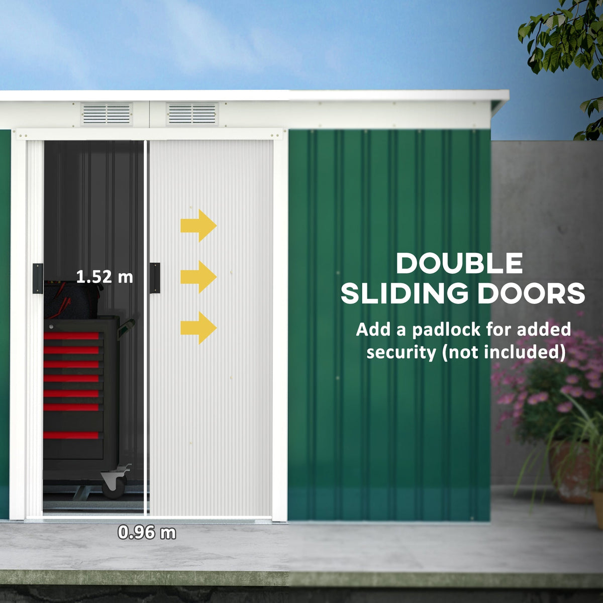 Outsunny 9ft x 4ft Metal Garden Shed, Outdoor Tool House with Foundation Kit, Ventilations and Double Doors, Deep Green - SGP Garden Ltd