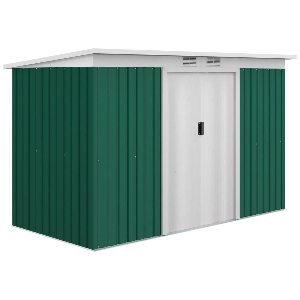 Outsunny 9ft x 4ft Metal Garden Shed, Outdoor Tool House with Foundation Kit, Ventilations and Double Doors, Deep Green - SGP Garden Ltd