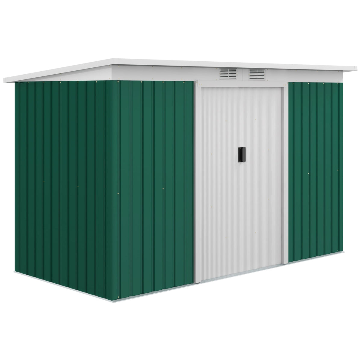 Outsunny 9ft x 4ft Metal Garden Shed, Outdoor Tool House with Foundation Kit, Ventilations and Double Doors, Deep Green - SGP Garden Ltd