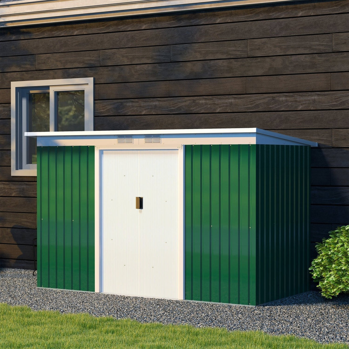 Outsunny 9ft x 4ft Metal Garden Shed, Outdoor Tool House with Foundation Kit, Ventilations and Double Doors, Deep Green - SGP Garden Ltd