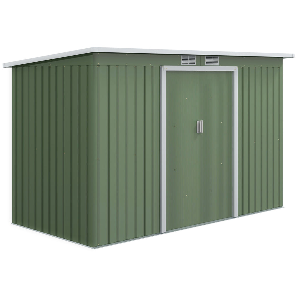 Outsunny 9ft x 4ft Metal Garden Shed, Outdoor Tool House with Foundation Kit, Ventilations and Double Doors, Light Green - SGP Garden Ltd
