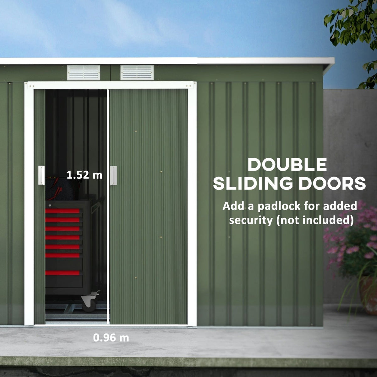 Outsunny 9ft x 4ft Metal Garden Shed, Outdoor Tool House with Foundation Kit, Ventilations and Double Doors, Light Green - SGP Garden Ltd