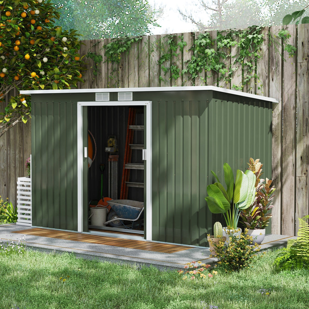 Outsunny 9ft x 4ft Metal Garden Shed, Outdoor Tool House with Foundation Kit, Ventilations and Double Doors, Light Green - SGP Garden Ltd