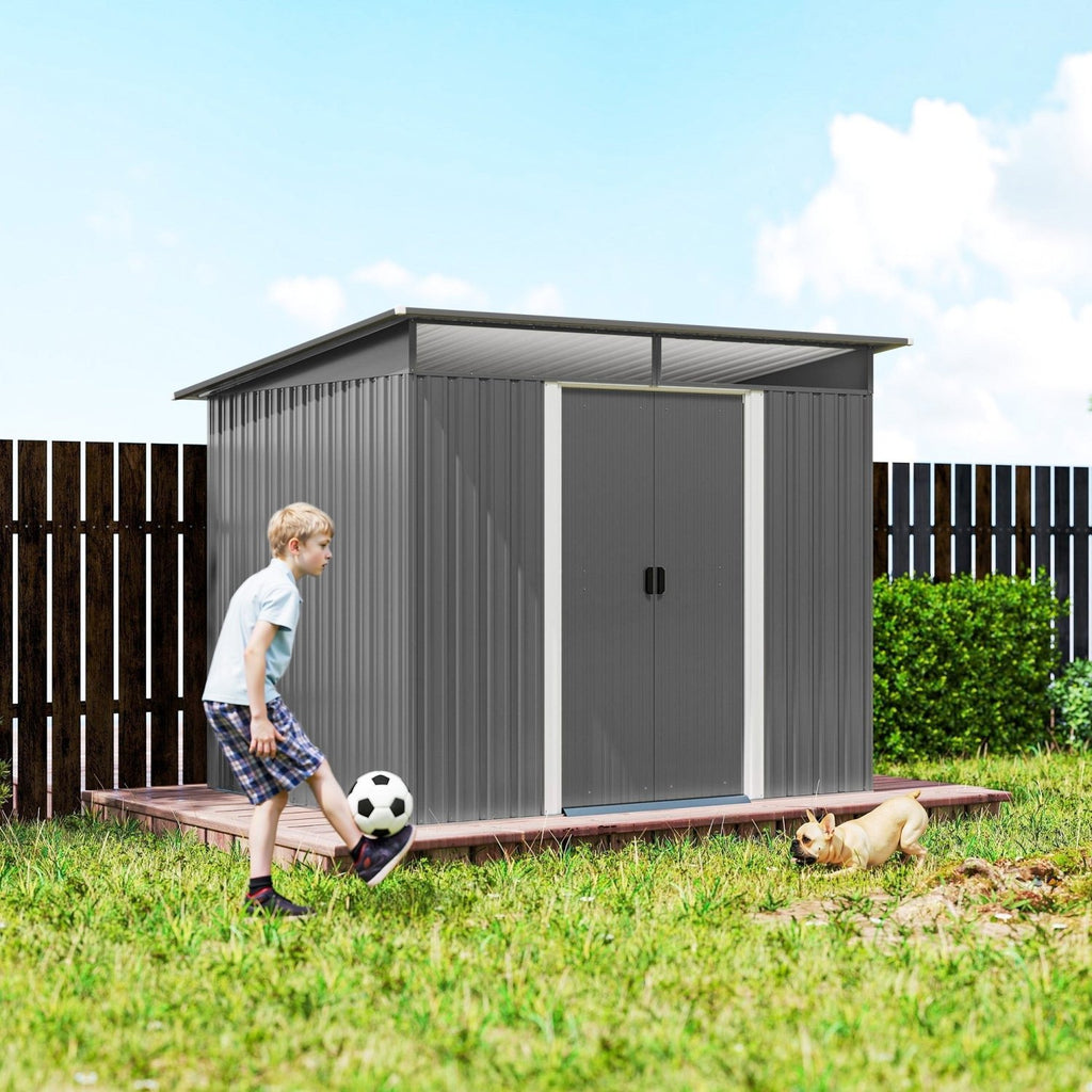 Outsunny 9ft x 6.5ft Garden Storage Shed with Top Window, Metal Outdoor Shed Tool House with Double Doors, Light Grey - SGP Garden Ltd