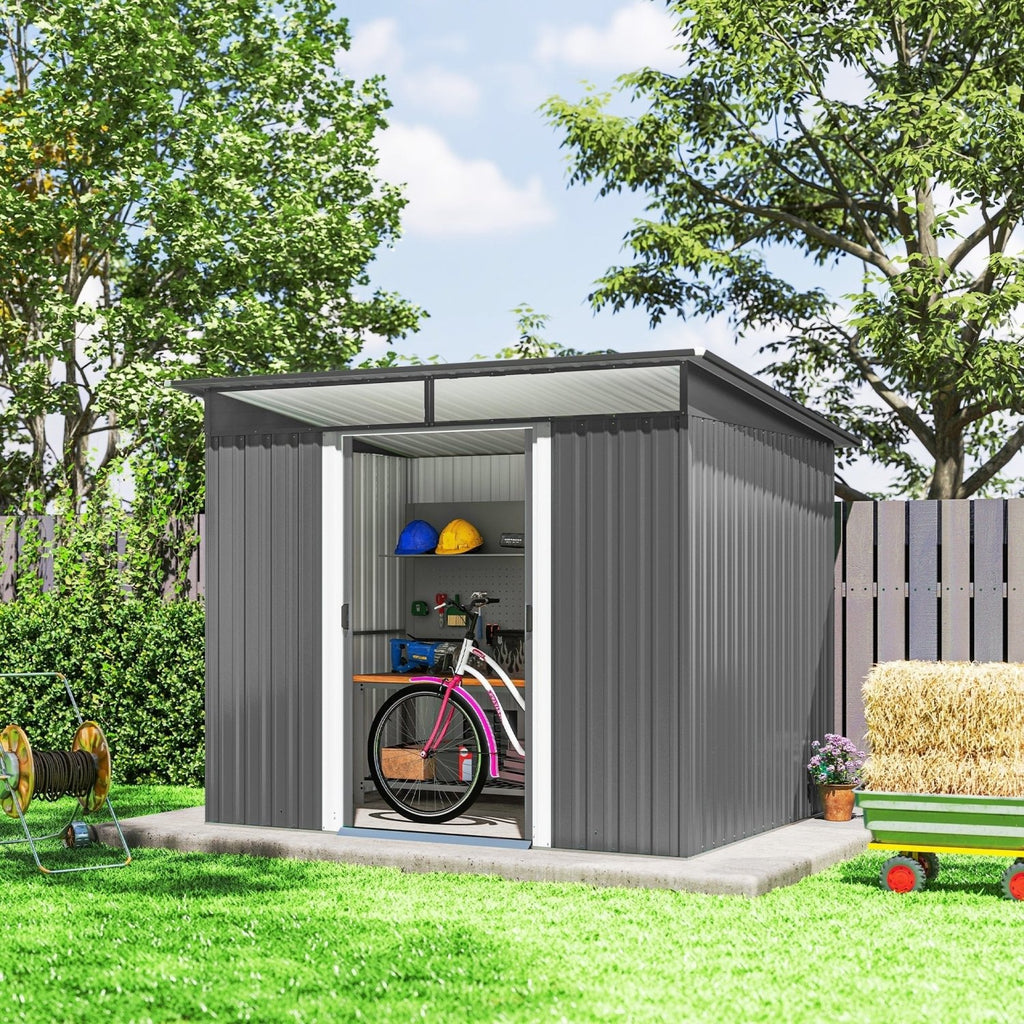 Outsunny 9ft x 6.5ft Garden Storage Shed with Top Window, Metal Outdoor Shed Tool House with Double Doors, Light Grey - SGP Garden Ltd