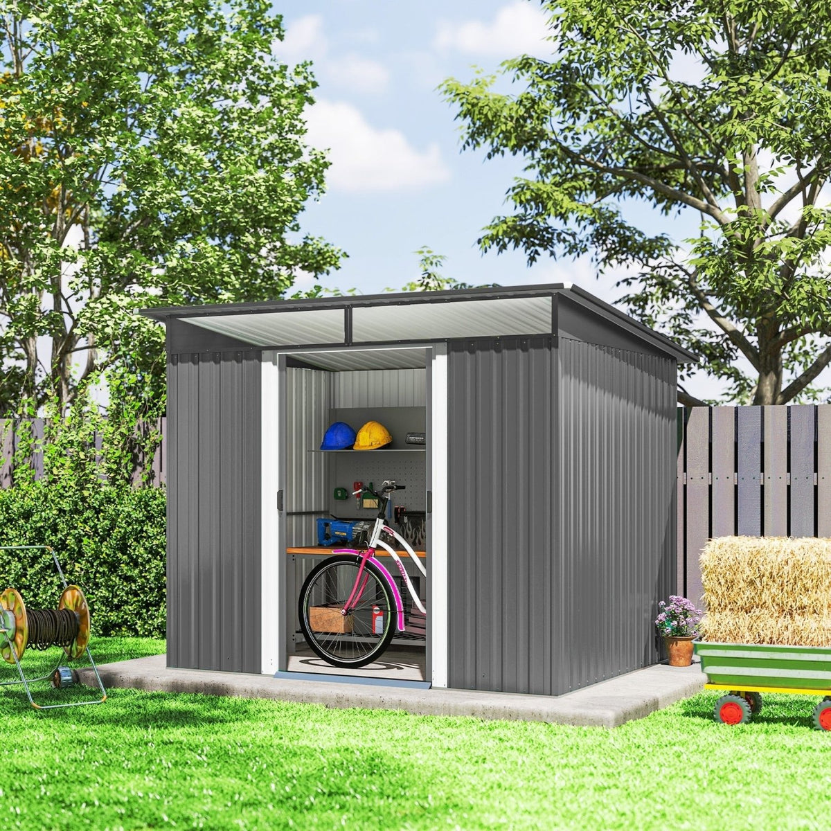 Outsunny 9ft x 6.5ft Garden Storage Shed with Top Window, Metal Outdoor Shed Tool House with Double Doors, Light Grey - SGP Garden Ltd