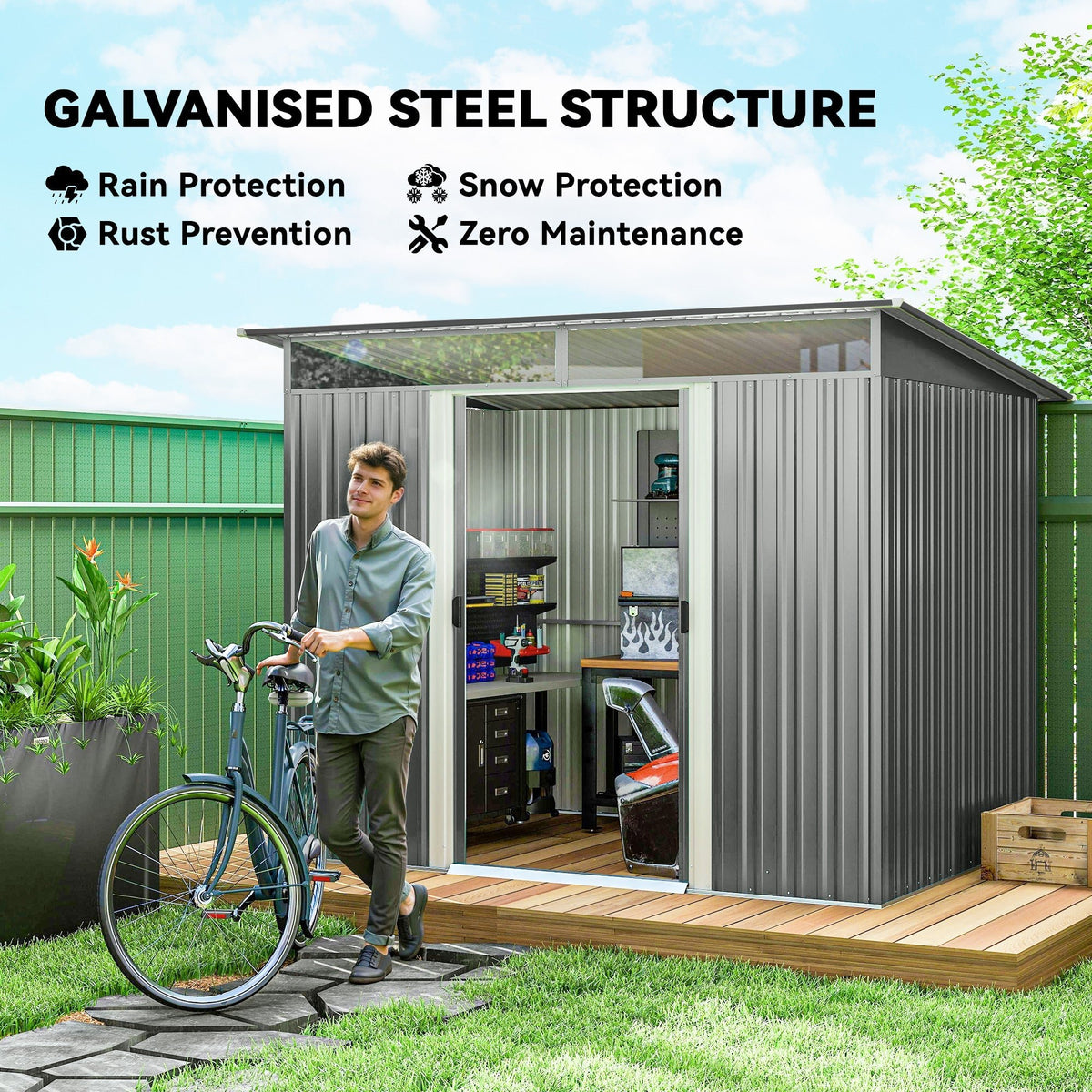 Outsunny 9ft x 6.5ft Garden Storage Shed with Top Window, Metal Outdoor Shed Tool House with Double Doors, Light Grey - SGP Garden Ltd