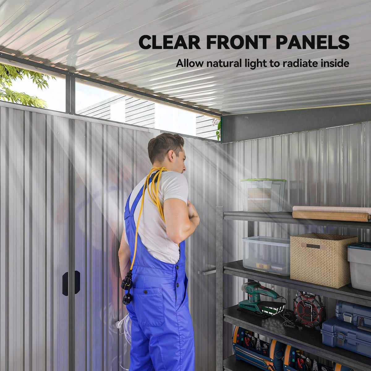 Outsunny 9ft x 6.5ft Garden Storage Shed with Top Window, Metal Outdoor Shed Tool House with Double Doors, Light Grey - SGP Garden Ltd