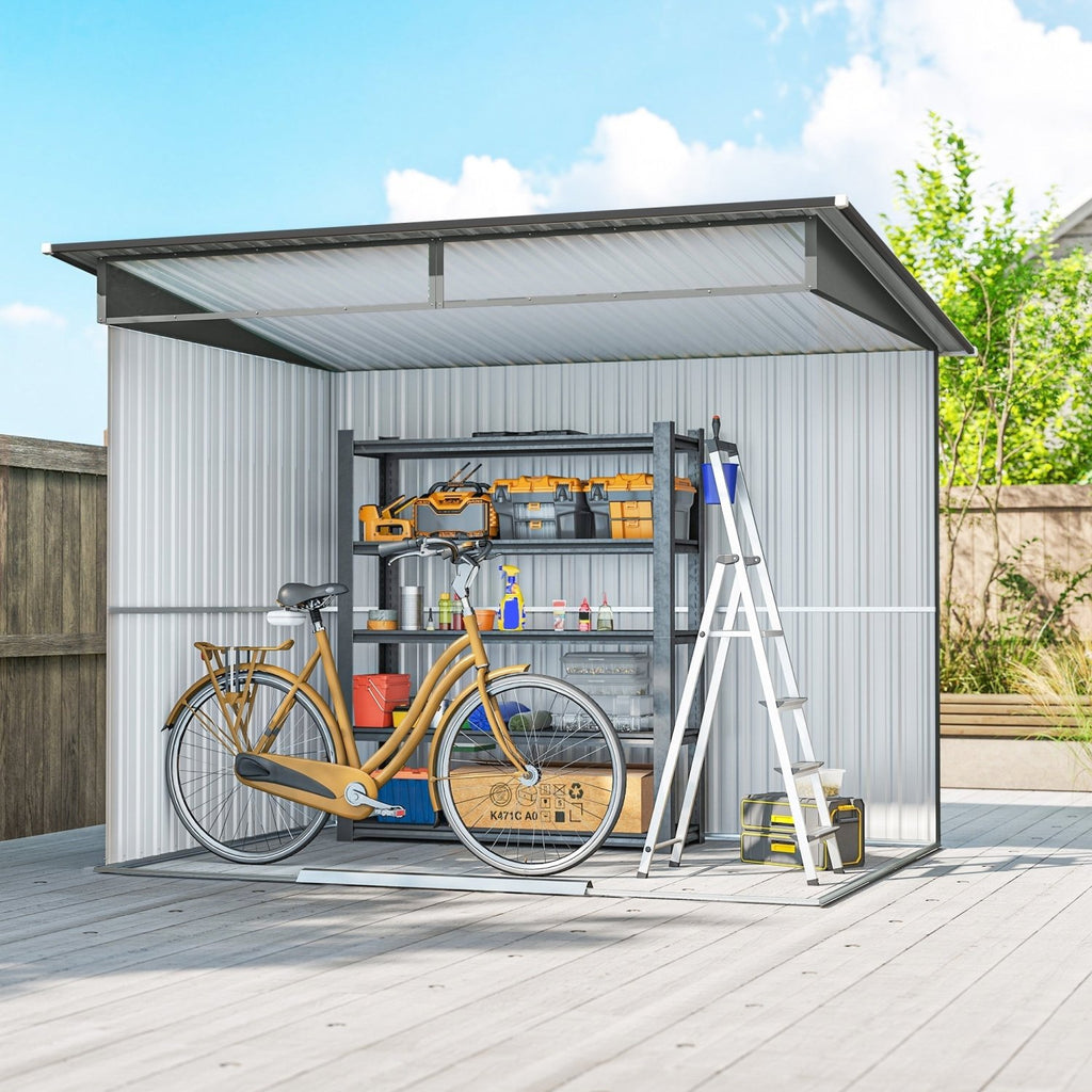 Outsunny 9ft x 6.5ft Garden Storage Shed with Top Window, Metal Outdoor Shed Tool House with Double Doors, Light Grey - SGP Garden Ltd