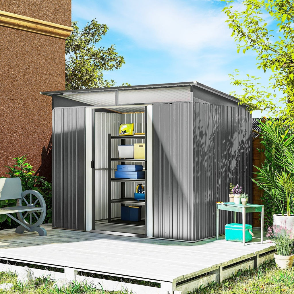 Outsunny 9ft x 6.5ft Garden Storage Shed with Top Window, Metal Outdoor Shed Tool House with Double Doors, Light Grey - SGP Garden Ltd