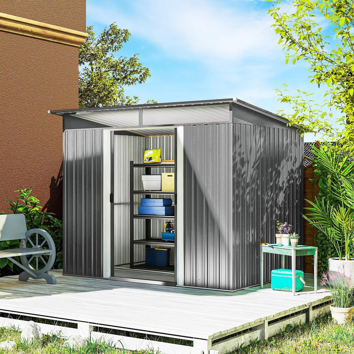 Outsunny 9ft x 6.5ft Garden Storage Shed with Top Window, Metal Outdoor Shed Tool House with Double Doors, Light Grey - SGP Garden Ltd